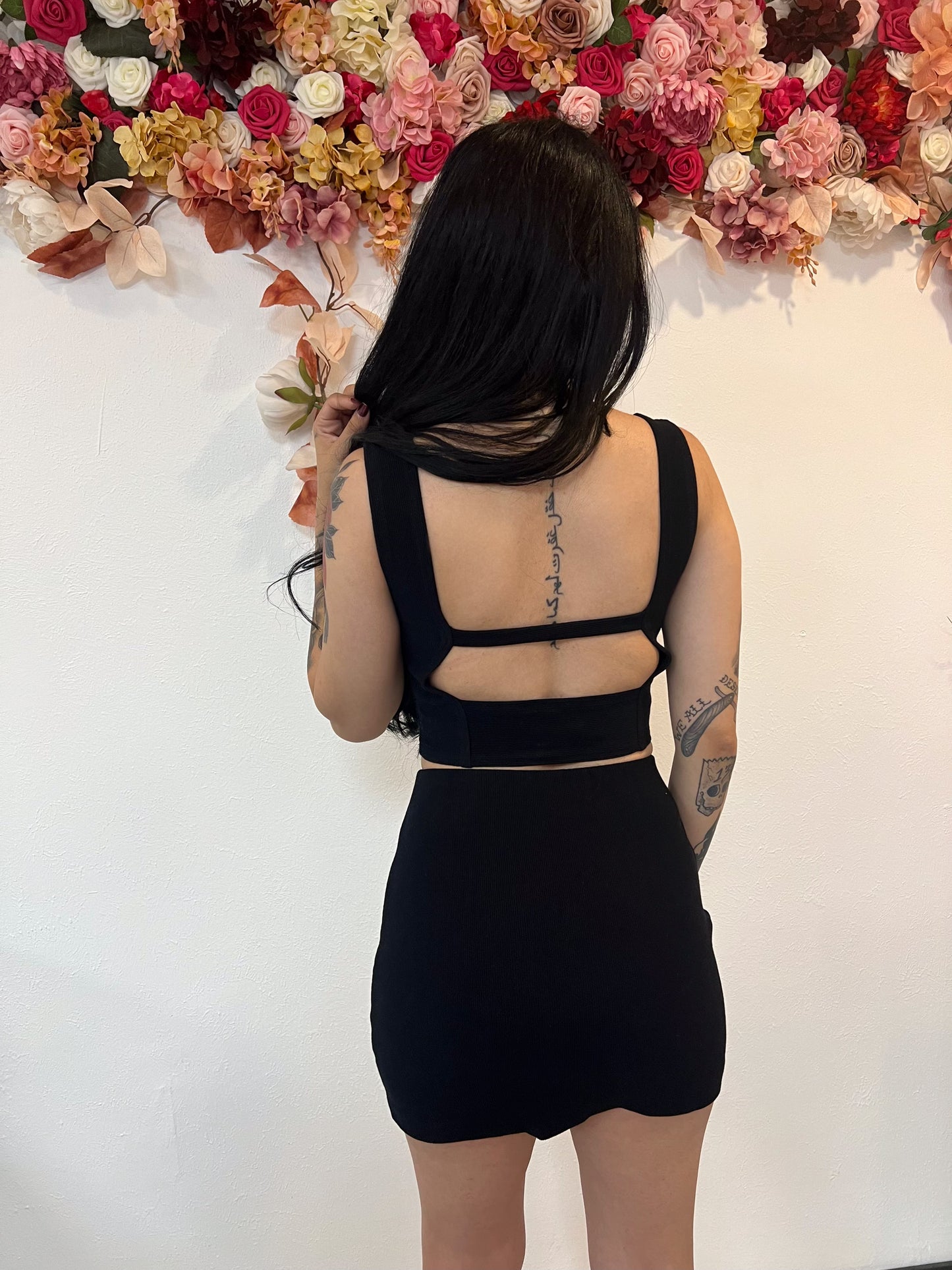 Black Two-Piece Crop Top Skirt Set