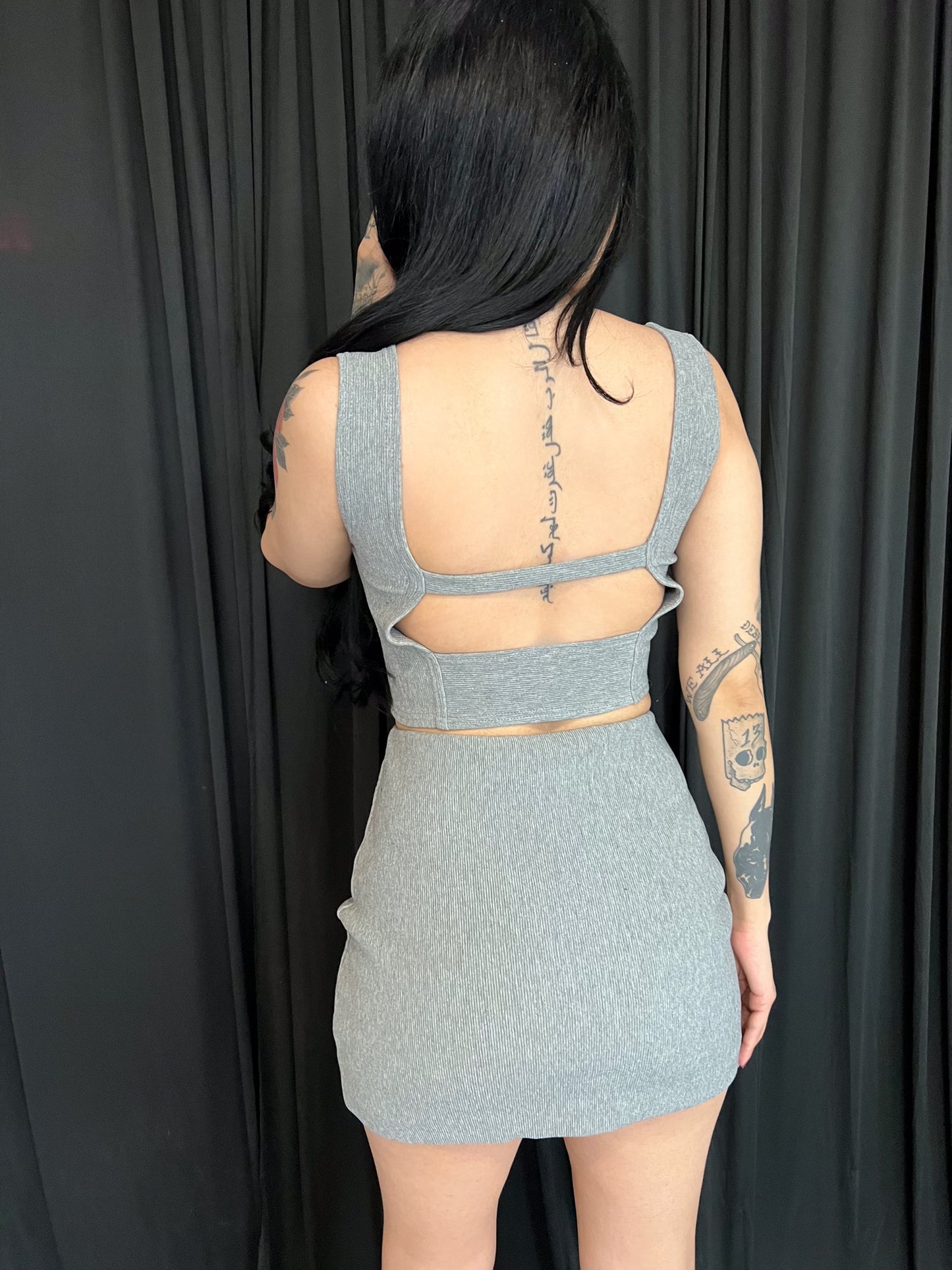 Grey Two-Piece Crop Top Skirt Set