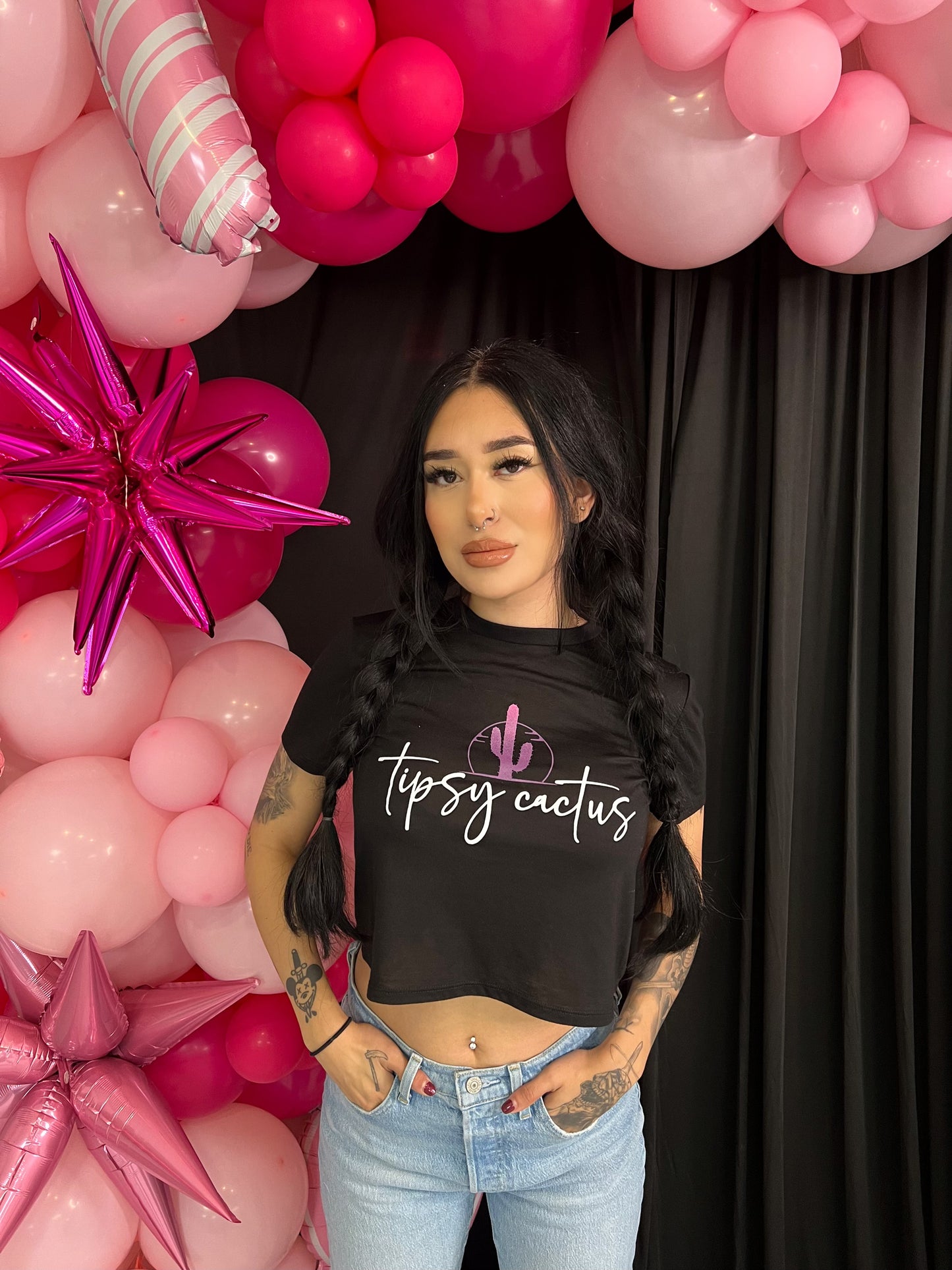 Black Short Sleeve Tipsy Cactus Crop Top