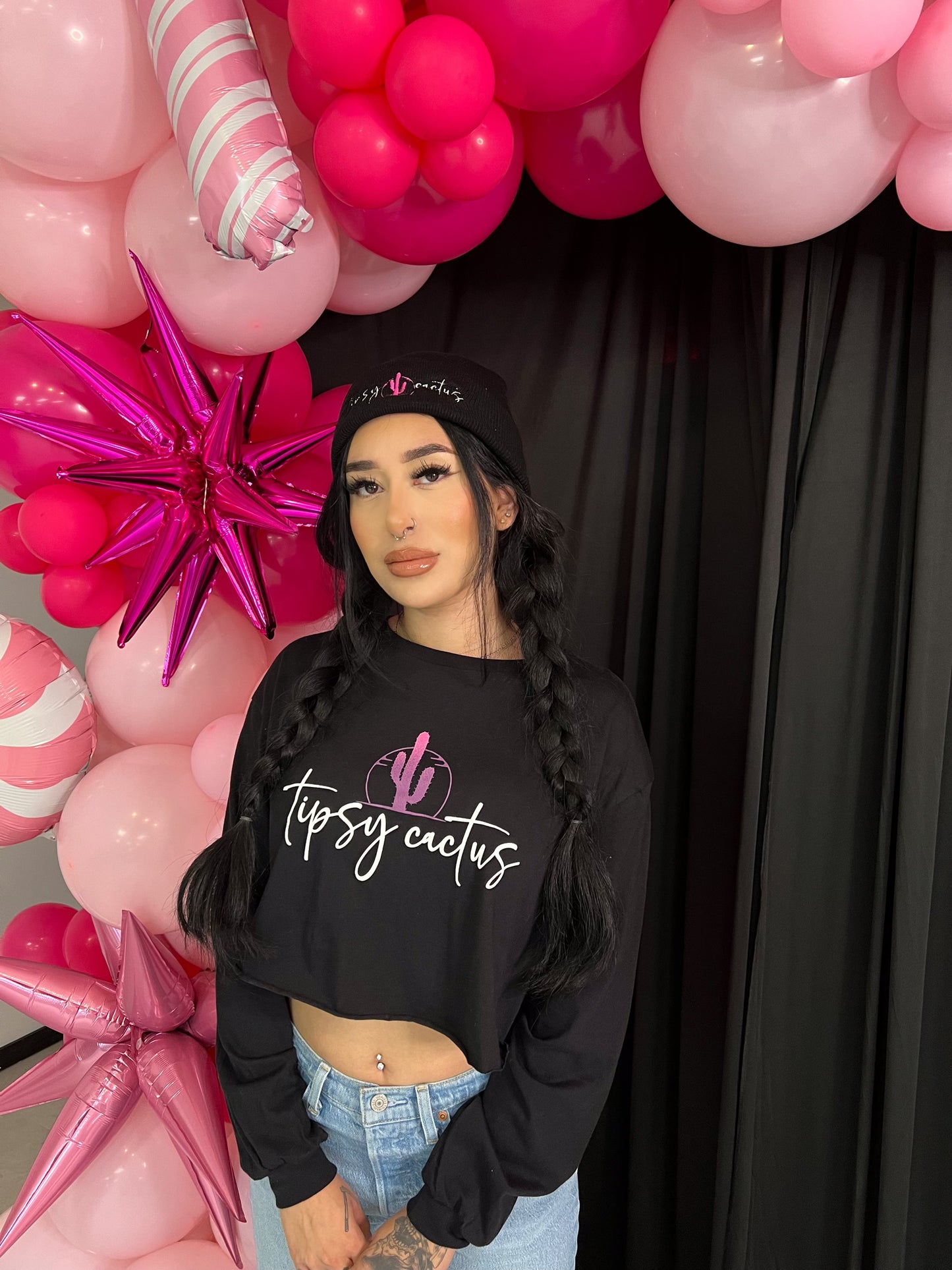 Black Long Sleeve Tipsy Cactus Crop Top