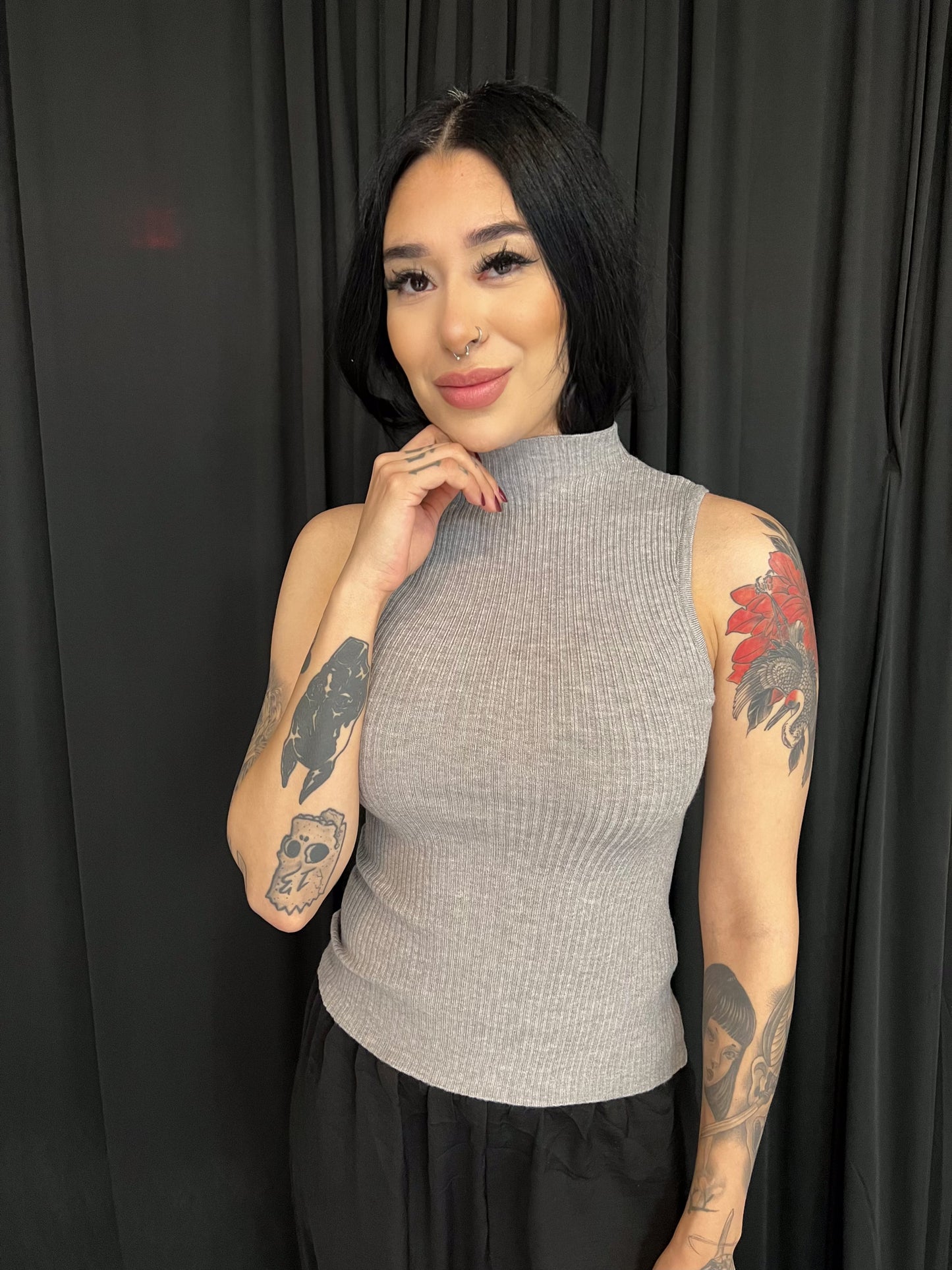 Heather Grey Sleeveless Turtle Neck Top