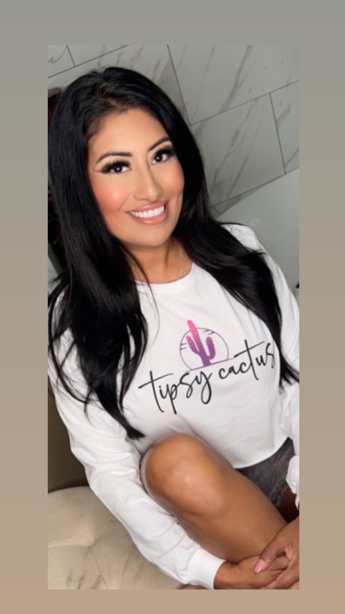 White Long Sleeve Tipsy Cactus Crop Top