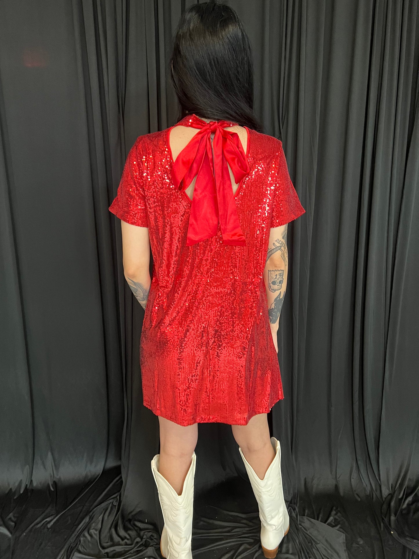 Red Sparkle Sequin Neck Back Tie Mini Dress